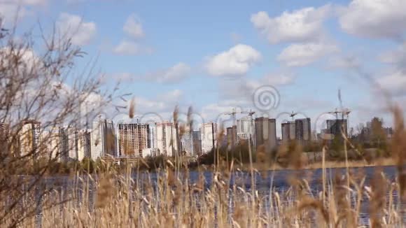 大都市城市高的多层房屋远在天边纯粹的自然不受人类的影响干净的湖泊视频的预览图