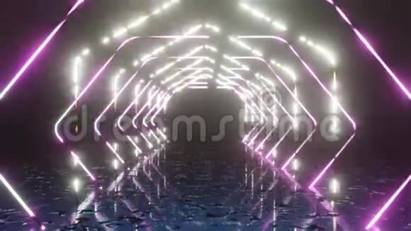 抽象霓虹灯背景沿着圆形六边形的走廊飞行无缝4K环视频的预览图