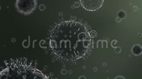 摄像机将一个大的冠状病毒局部缓慢移动成一种类似液体的物质带有几种模糊的病毒视频的预览图