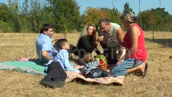 两个有孩子的家庭在野餐视频的预览图