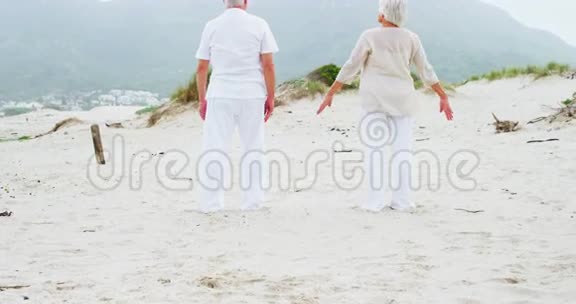 年长夫妇在海滩上做瑜伽视频的预览图