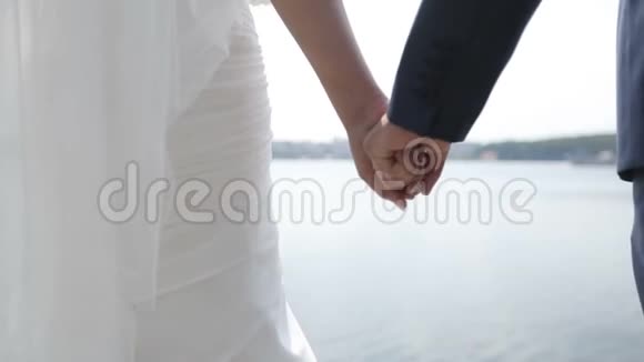 新娘和新郎在蓝色的湖背景上牵手视频的预览图
