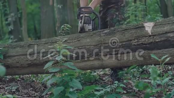 强壮的伐木工人用电锯锯树慢慢地视频的预览图