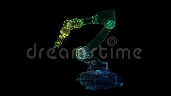 工业机器人三维机器人手的发光点和线形成旋转无缝回路4k动画数字数字视频的预览图