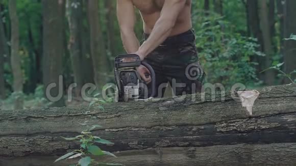 强壮的伐木工人用电锯锯树慢慢地视频的预览图