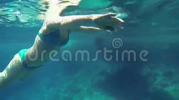 水下拍摄的女子在海里游泳头朝外视频的预览图