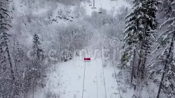 滑雪胜地的空中景观滑雪缆车和积雪覆盖的针叶林喀尔巴阡山脉乌克兰视频的预览图