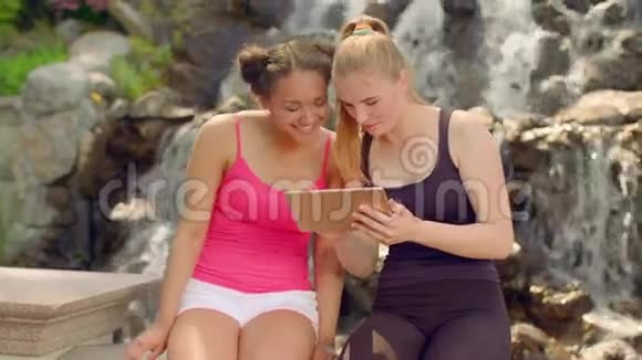 年轻女性在平板电脑户外看照片使用平板电脑的朋友视频的预览图