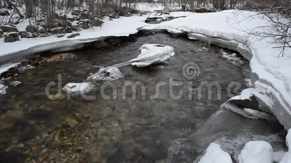 美丽的冷流淡水河水冰宏观视频视频的预览图
