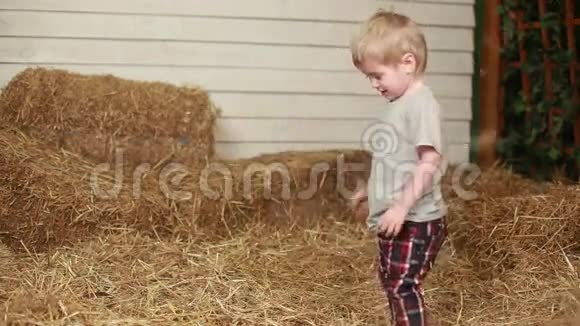 有趣的孩子捡稻草扔稻草视频的预览图