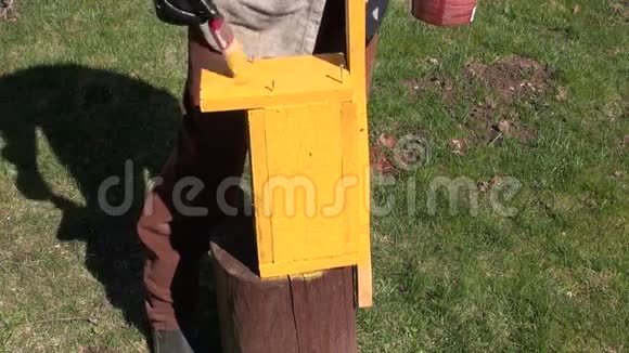 油漆黄色木制鸟舍筑巢箱视频的预览图