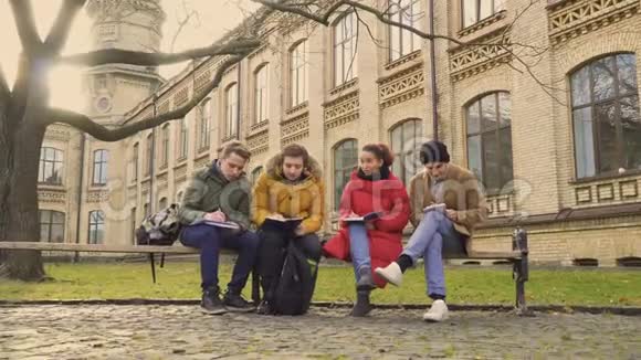 四个学生在公园的长凳上讨论教材视频的预览图