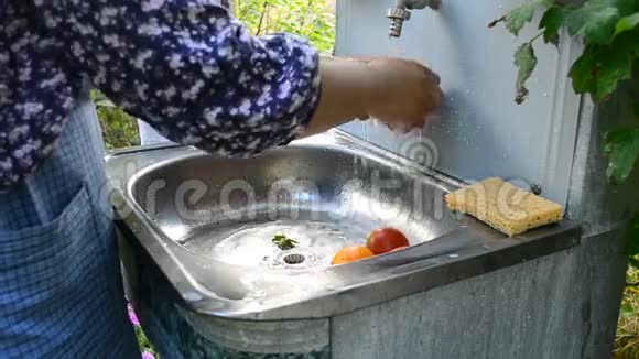 女人在户外的洗脸台洗西红柿视频的预览图