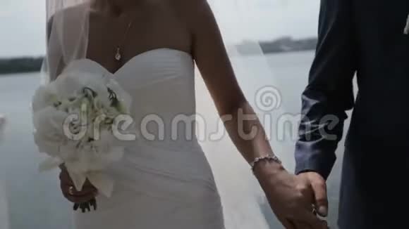 新娘和新郎在蓝色的湖背景上牵手视频的预览图