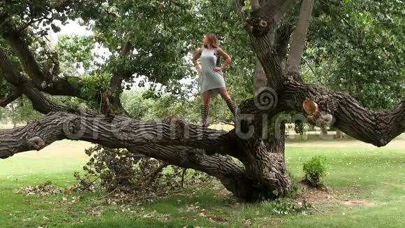 可爱的白人少女站在树枝上视频的预览图