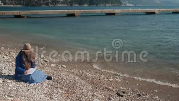 年轻女子坐在海滩上写作视频的预览图