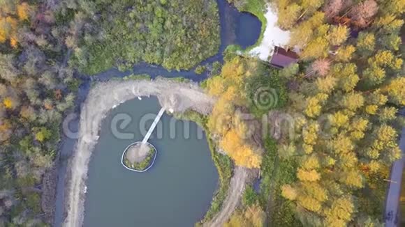 池塘附近的小房子周围是树木和草录像房子附近树林中池塘的俯视图视频的预览图