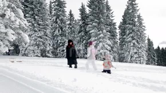妈妈和两个女儿在田园诗般的环境中娱乐视频的预览图