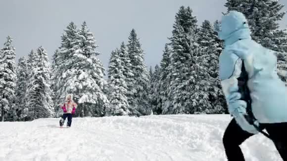 孩子年轻的女人在阳光明媚的日子拉雪橇视频的预览图