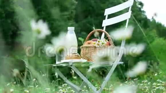 在洋甘菊草坪的中间白色的椅子上有一瓶牛奶一篮子苹果和面包视频的预览图