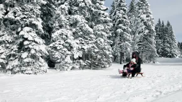 妈妈女儿在一个阳光明媚寒冷的日子里雪橇视频的预览图
