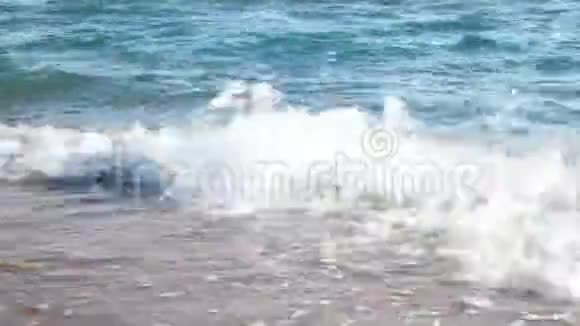 沙滩上的海浪靠近沙滩上的沙子洗干净视频的预览图