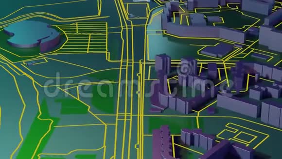 城市城镇动画相机飞在城市上空空中观景4k动画视频的预览图
