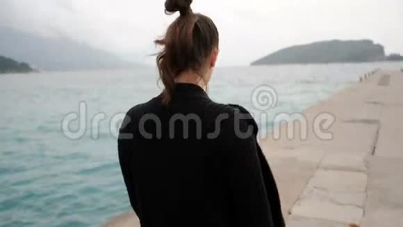 从海边边走的后女手射向远处视频的预览图