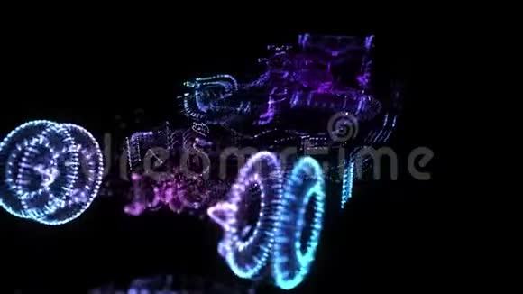 发光点形成三维模型超级汽车无缝环路超高清动画在网络空间结构中旋转模板视频的预览图