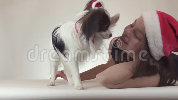 美丽的少女和狗大陆玩具斯帕尼尔帕皮隆戴着圣诞老人的帽子快乐地亲吻和愚弄着视频的预览图