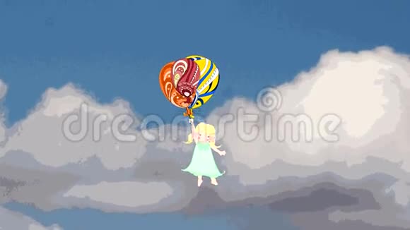 可爱的女孩在天空中的气球上飞翔动画视频的预览图