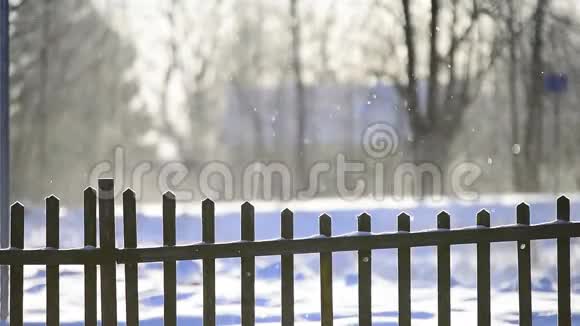 雪片落在明亮的阳光下冬天的雪覆盖了农村的篱笆离焦效应视频的预览图