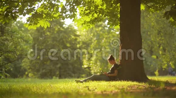 年轻女学生坐在公园里用数码平板电脑学习视频的预览图