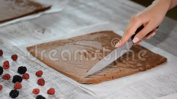 糕点厨师用刀子切巧克力海绵蛋糕视频的预览图