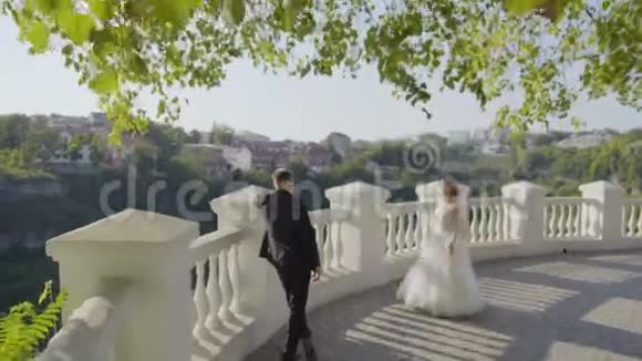 刚结婚的夫妇在城里散步桥视频的预览图