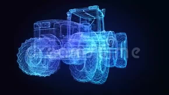 拖拉机三维模型拖拉机的发光点和线形成旋转360度4k动画循环无缝视频的预览图
