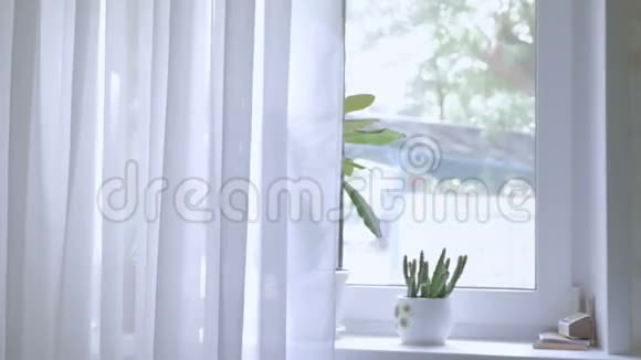 一个年轻的女人在阳光明媚的早晨关上窗帘慢动作视频的预览图