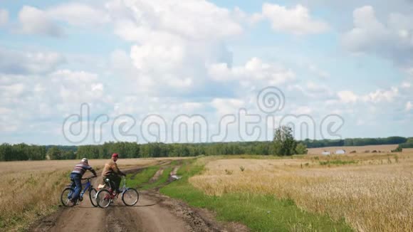 两个朋友骑着自行车在一片麦田间的乡间小路上慢悠悠地走着1920x1080视频的预览图