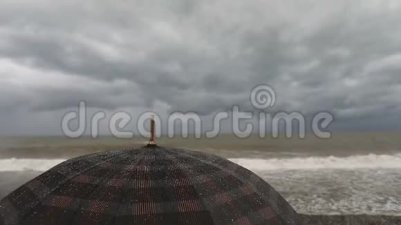 带着雨伞的女人靠近暴风雨的大海视频的预览图
