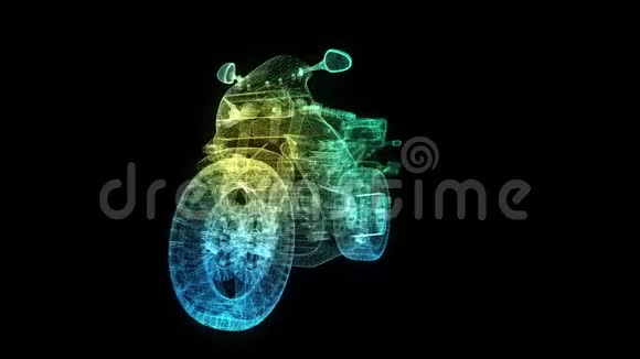 摩托车在模型摩托车形成过程中排列的发光微粒和线条运动动画4kUHD视频的预览图