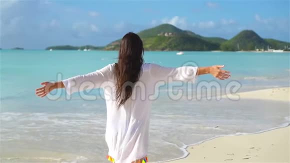 海滩上的年轻美女欣赏海景的女孩的后景流动人口视频的预览图