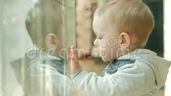 一个两岁的可爱金发男孩正在考虑通过玻璃开一家商店孩子仔细检查了里面视频的预览图