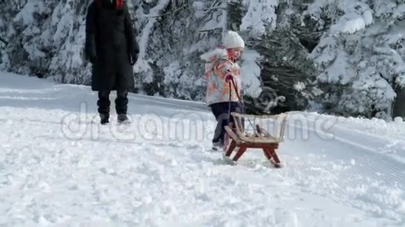 小女孩在冬天的环境里拉雪橇视频的预览图
