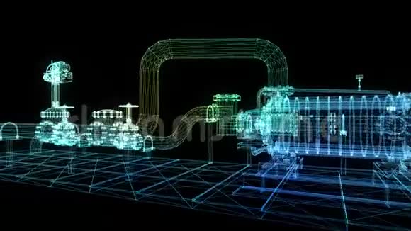 工业设备电动油阀及泵在网络空间中旋转的全息图三维发光点和线的形成视频的预览图
