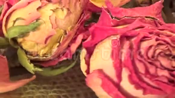 在背景上旋转的干玫瑰花的特写视频的预览图