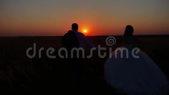 一对恩爱的情侣正穿过田野的剪影情侣夕阳剪影浪漫美丽的自然人和视频的预览图
