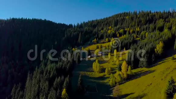 在喀尔巴阡山的森林和牧羊人的房子上空飞行视频的预览图