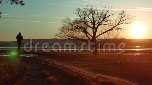 日落时分一个人在路上奔跑独自站在树上剪影运动的年轻人在大自然中奔跑视频的预览图