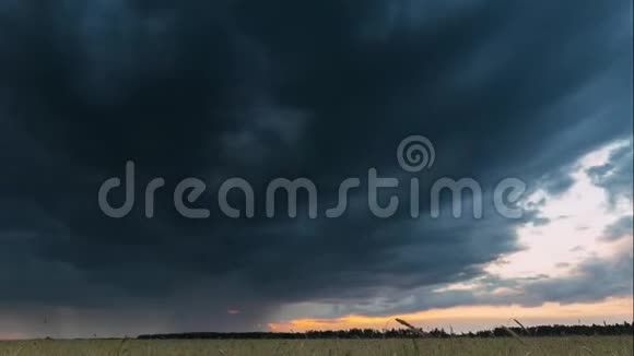 夏雨夕阳上方农村麦田景观有着雨云的美丽天空视频的预览图