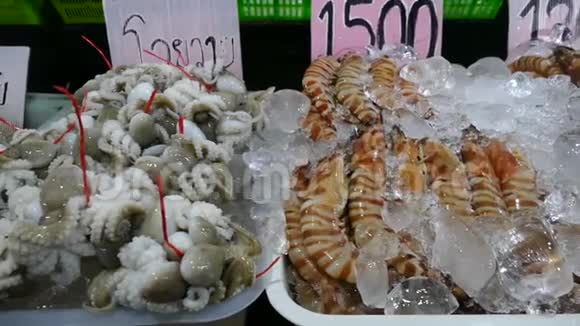 鲜虾和鱿鱼放在鱼摊的冰上视频的预览图